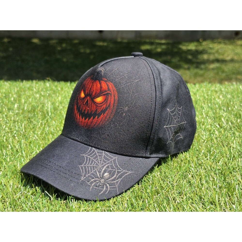 Halloween Jack-O-Lantern Spider Webs Snapback Hat Black Spooky Pumpkin Cap NWOT